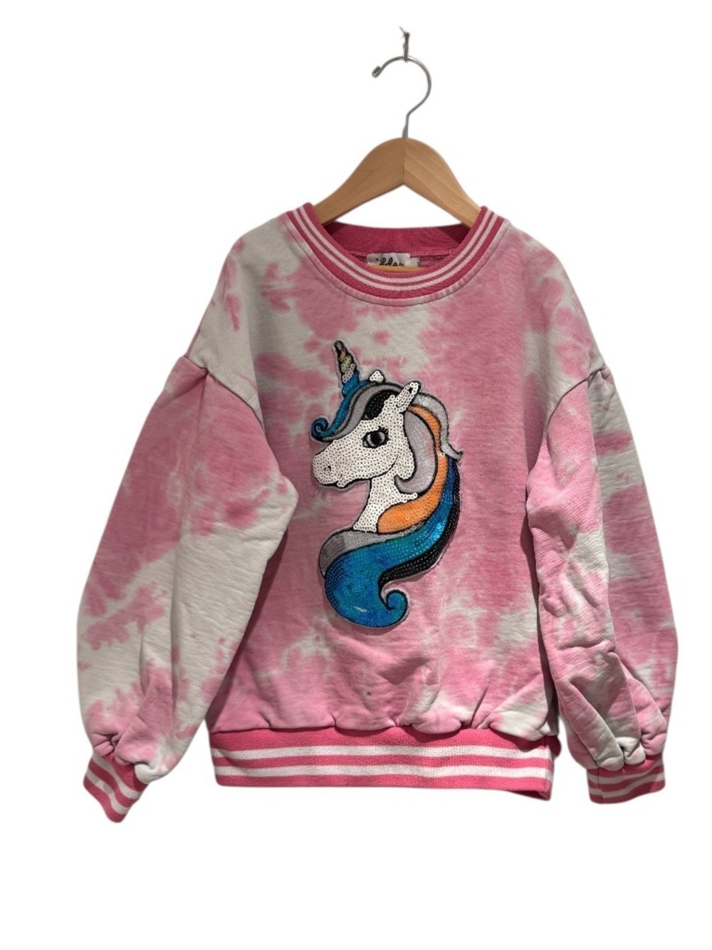 LOLA + THE BOYS pink/white tie dye unicorn sequin sweatshirt - size 10